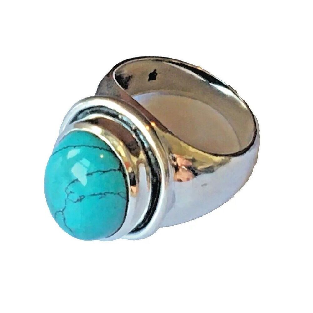 Sterling Silver Ring Size 7.75 11g 925 Turquoise Color Howlite Cabochon Chunky